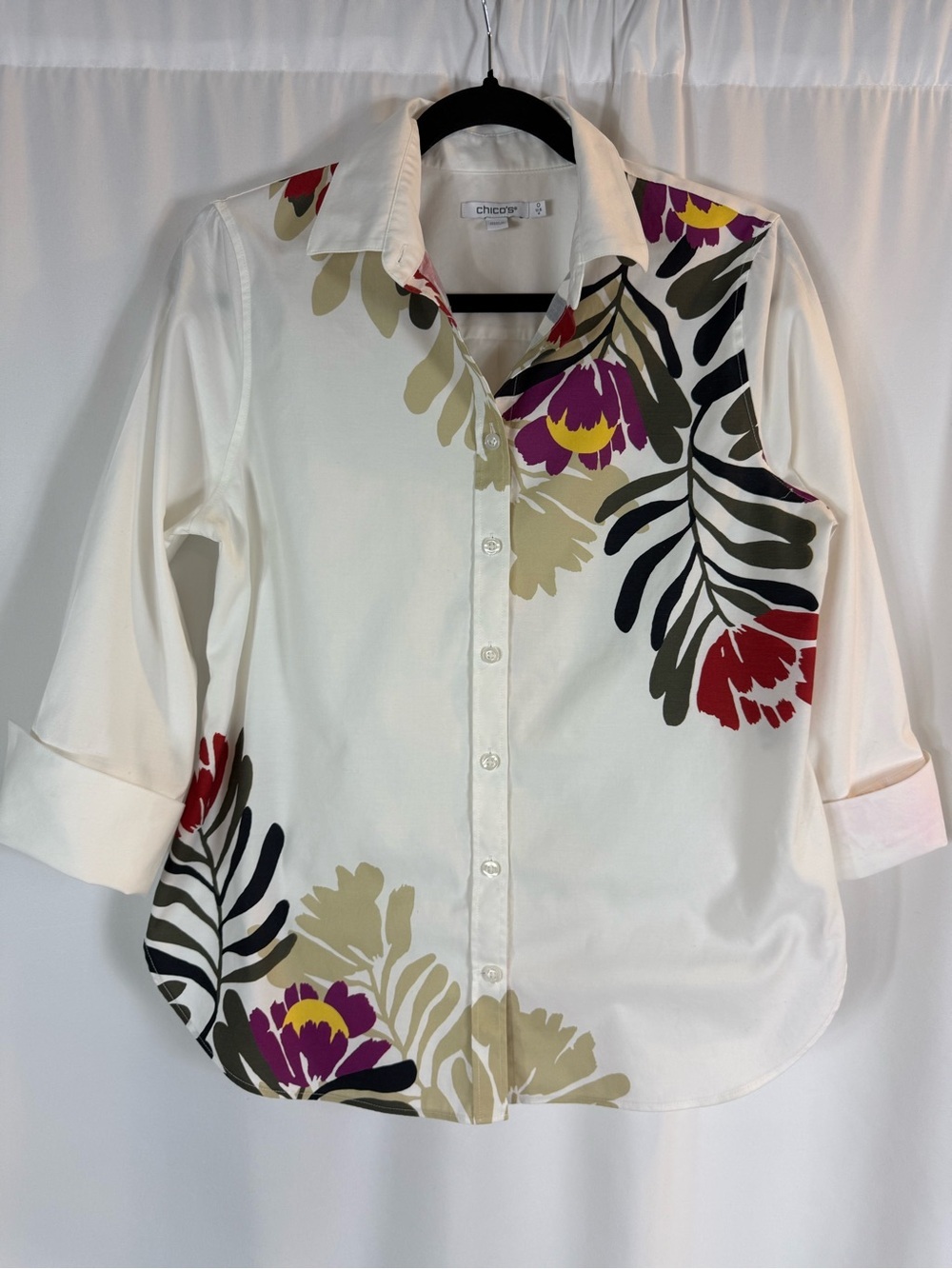Chico's White Button-Down Shirt with Multicolor Floral Accent